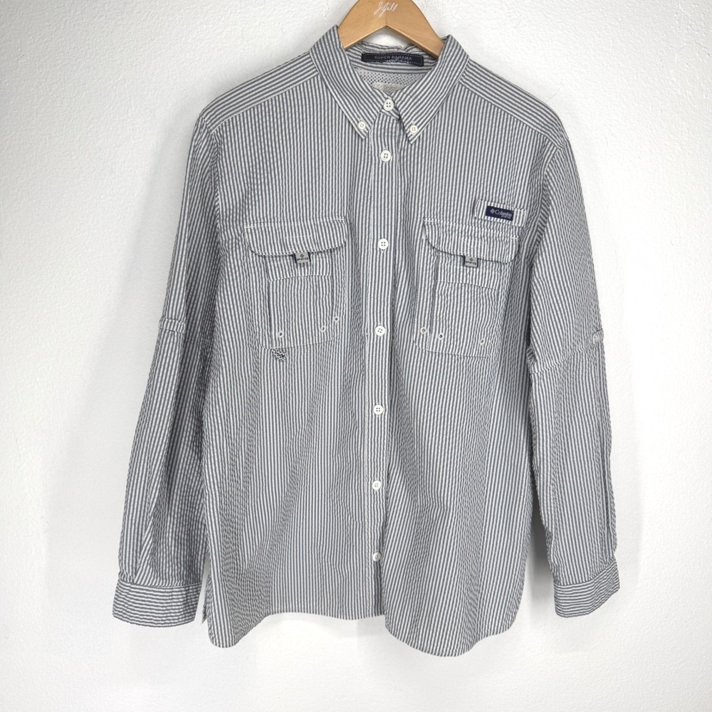 Columbia PFG Super Bahama Fishing Shirt Blue White Stripe Seersucker Vented